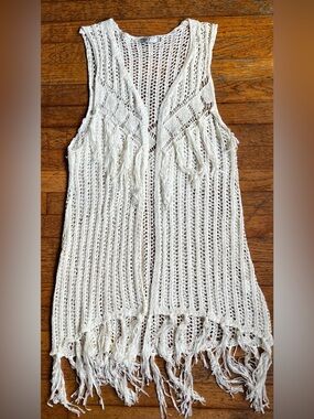 Women’s Ivory White Crochet Open-Knit long vest